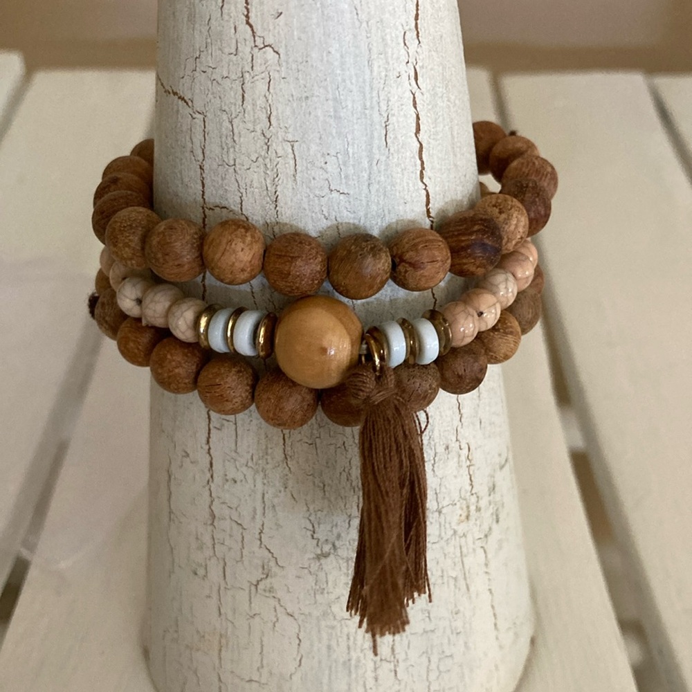 Boho Stack Bracelet 3PC NEW Brown with Tassel